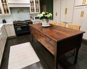 French Farmhouse Inspired Kitchen Island With Seating, Custom Amish Crafted Solid Black Walnut Kitchen Islands