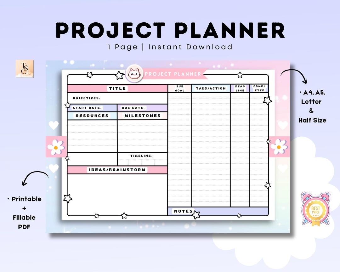 Project Planner Printable PDF | Undated Work Assignment Task Organizer ...