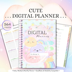 Może przedstawiać: Cyfrowy planer z spiralną oprawą, z kolorową okładką z napisem "DIGITAL Planner". Projekt okładki zawiera urocze postacie z kreskówek, tęcze i gwiazdy. Planer zawiera 564 strony i ma kalendarz i strony aktywności.