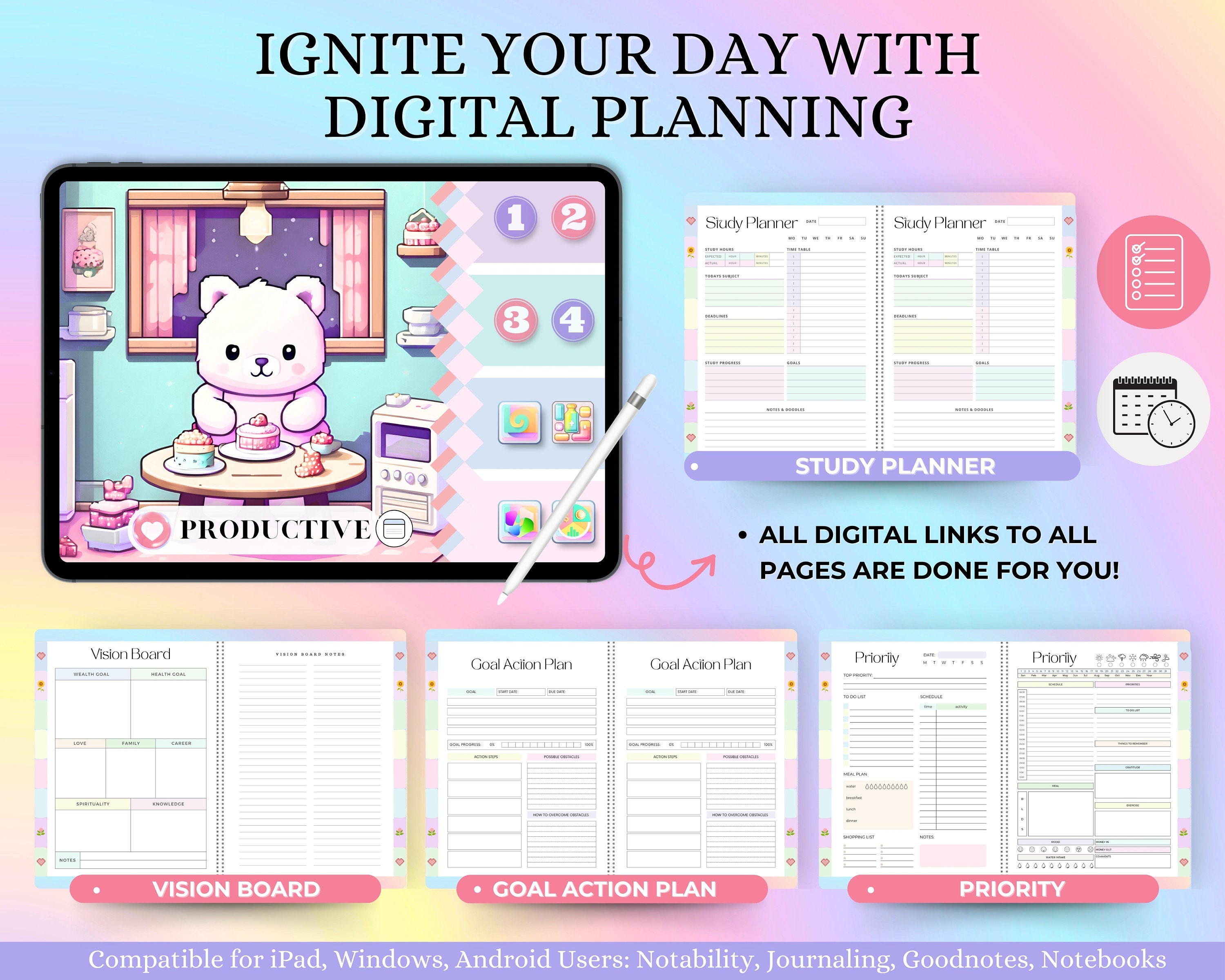 876 Pages Cute Bear Digital Planner Goodnotes Notability | Undated ...