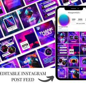 Neon Gaming Instagram Post Templates: Social Media Feed (Digital Download)
