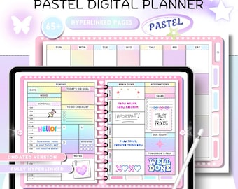 May include: A digital pastel planner with a pink and white design. The planner includes sections for daily, weekly, and monthly planning, with options for scheduling, to-do lists, and notes. The text includes "Pastel Digital Planner" and "Hyperlinked Pages".