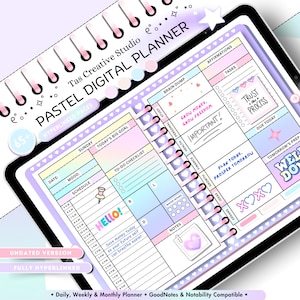 Könnte beinhalten: Ein digitaler Planer in Pastellfarben mit Spiralbindung. Der Planer enthält Abschnitte für die tägliche, wöchentliche und monatliche Planung mit Bereichen für Aufgaben, Affirmationen und Notizen. Text: "PASTEL DIGITAL PLANNER" und "HELLO!".