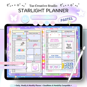 May include: Digital Starlight Planner on a tablet, featuring pastel colors and a butterfly graphic. The planner includes sections for daily, weekly, and monthly planning, with options for to-do lists, notes, and affirmations. The text on the screen says "Hello!" and "Well Done".
