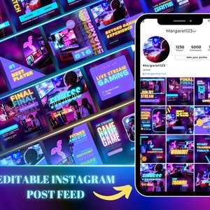 Neon Gaming Instagram Post Templates: Gamer Social Media (Canva)
