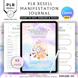 May include: A digital PLR resell manifestation journal with 93 pages. The journal features a mystical design with the text "Mystical Spiritual Manifestation Journal" and "Law of Attraction". Includes a Canva Pro logo.