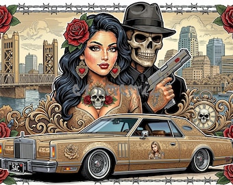 Lowrider Paar Gold Lincoln Auto Sublimationsentwurf für Hemden und Becher sofortiger digitaler Download