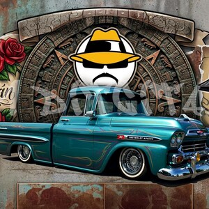 May include: Teal vintage Chevrolet Apache pickup truck illustration with a lowrider style. The image features a skull in a pinstripe suit, roses, and the word "Aztlan". A logo with a fedora and sunglasses is also present.