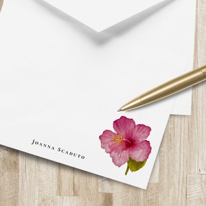 Personalized Hibiscus Flower Stationery Set | Pink Flower Stationary | Hibiscus Flower Note Cards | Custom Floral Stationary