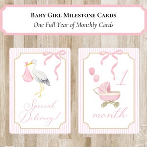 Mijlpaalkaarten voor babymeisjes GEDRUKTE of DIGITALE AFDRUKBARE optie | Preppy maandmarkeringen voor baby's | Cadeau kraamcadeau
