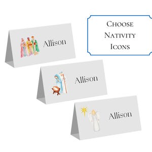 May include: Three gray tent cards with watercolor illustrations of nativity scenes. One card features the three wise men, another depicts Mary, Joseph, and baby Jesus, and the third shows an angel. The text "Allison" is printed on each card.