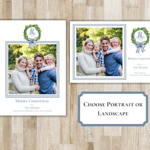 Family Christmas Card | Blue Bow Wreath Family Holiday Card | Preppy Xmas Card | Printed or PDF File | Portrait or Landscape | 2-Sided Card