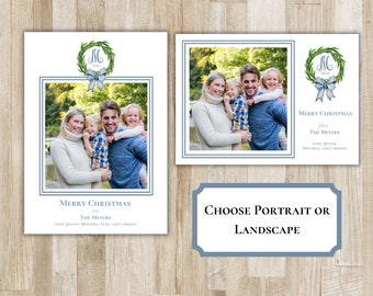 Family Christmas Card | Blue Bow Wreath Family Holiday Card | Preppy Xmas Card | Printed or PDF File | Portrait or Landscape | 2-Sided Card