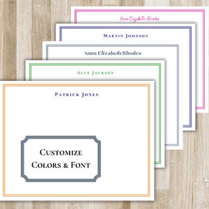 May include: Five different stationery note cards with customizable colors and fonts. The cards are white with a colored border and a name printed at the top. The text "CUSTOMIZE COLORS & FONT" is printed in gray on the bottom card.