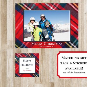 Tartan Plaid Christmas Holiday Card. Photo card. Tartan Plaid - red, green, yellow, blue, white border with photo in the middle. Merry Christmas or Happy Holidays Text with family name. Preppy Xmas Card.  2 sides. portrait or landscape