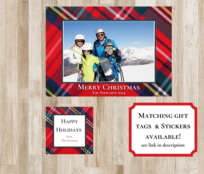 Tartan Plaid Christmas Holiday Card. Photo card. Tartan Plaid - red, green, yellow, blue, white border with photo in the middle. Merry Christmas or Happy Holidays Text with family name. Preppy Xmas Card.  2 sides. portrait or landscape
