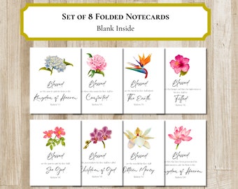 Beatitudes Greeting Cards | Set of 8 Bible Verse Folded Notecards | Custom Flower Artwork | Matthew 5:3-10 | Christian Gift