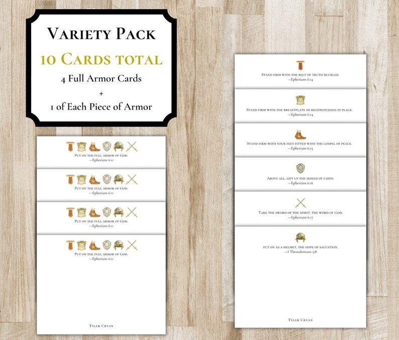 Puede incluir: Un conjunto de 10 tarjetas imprimibles que presentan la armadura de Dios de Efesios 6:11-18. Las tarjetas incluyen una tarjeta de la armadura completa de Dios, una tarjeta del cintur&oacute;n de la verdad, una tarjeta de la coraza de justicia, una tarjeta de zapatos equipados con el evangelio de paz, una tarjeta del escudo de la fe, una tarjeta de la espada del Esp&iacute;ritu y una tarjeta del casco de la salvaci&oacute;n. Las tarjetas est&aacute;n dise&ntilde;adas con un esquema de color dorado y marr&oacute;n y presentan ilustraciones de cada pieza de la armadura.