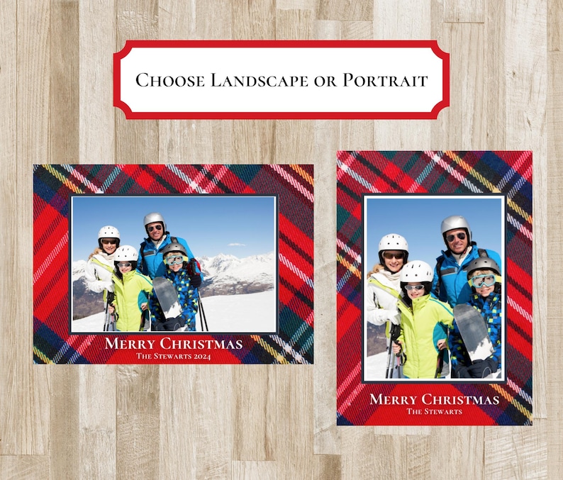 Tartan Plaid Christmas Holiday Card. Photo card. Tartan Plaid - red, green, yellow, blue, white border with photo in the middle. Merry Christmas or Happy Holidays Text with family name. Preppy Xmas Card.  2 sides. portrait or landscape