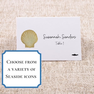 Tarjetas de lugar para la playa y la costa / Tarjetas de asientos para la cena de bodas tropicales / Elija su ícono: concha marina, dólar de arena, palmera, cangrejo, manatí