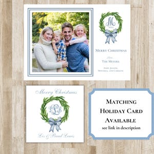preppy monogram Christmas gift tags. green wreath, light blue bow, custom monogram, text of your choice. holiday gift tags or stickers.
