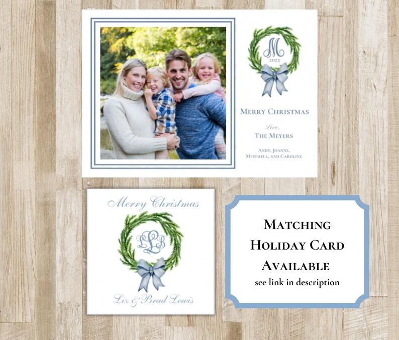 preppy monogram Christmas gift tags. green wreath, light blue bow, custom monogram, text of your choice. holiday gift tags or stickers.