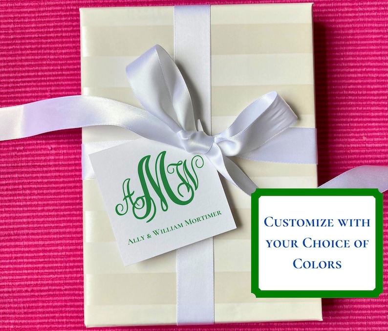 Monogram gift tags. Choose from 12 monogram options. customize in color of your choice. monogram gift tags and monogram stickers. matching monogram stationery and monogram notepads available. customize and personalize with your name and initials.