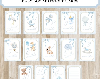 Baby Boy Milestone Cards PRINTED or DIGITAL PRINTABLE Option | Preppy Baby Boy Month Markers | Baby Shower Gift