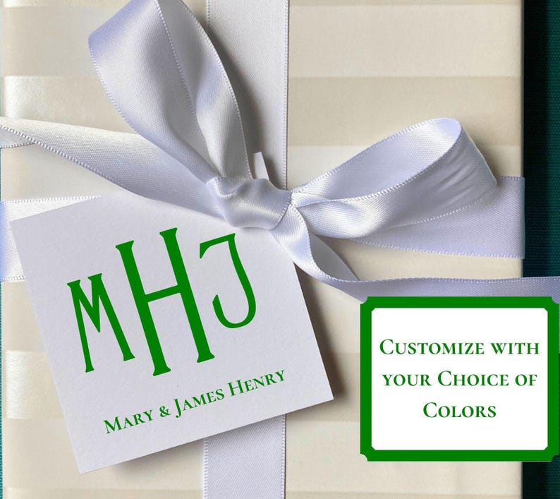Monogram gift tags. Choose from 12 monogram options. customize in color of your choice. monogram gift tags and monogram stickers. matching monogram stationery and monogram notepads available. customize and personalize with your name and initials.