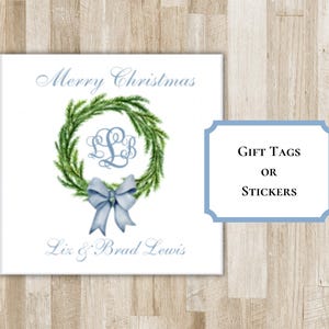 preppy monogram Christmas gift tags. green wreath, light blue bow, custom monogram, text of your choice. holiday gift tags or stickers.