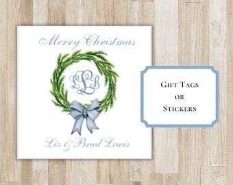 Etiquettes ou autocollants personnalisés pour couronne de Noël monogramme | Étiquettes-cadeau Monogramme des Fêtes | Étiquettes-cadeaux personnalisées | Etiquettes cadeaux BCBG
