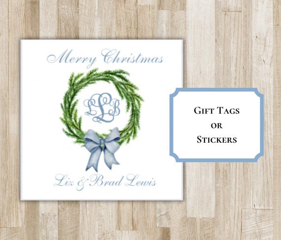 Personalized Christmas Monogram Wreath Gift Tags or Stickers | Holiday Monogram Gift Tags | Personalized Gift Tags | Preppy Gift Tags