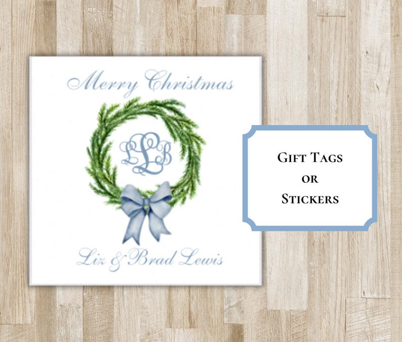 preppy monogram Christmas gift tags. green wreath, light blue bow, custom monogram, text of your choice. holiday gift tags or stickers.