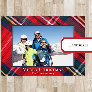 Tartan Plaid Christmas Holiday Card. Photo card. Tartan Plaid - red, green, yellow, blue, white border with photo in the middle. Merry Christmas or Happy Holidays Text with family name. Preppy Xmas Card.  2 sides. portrait or landscape