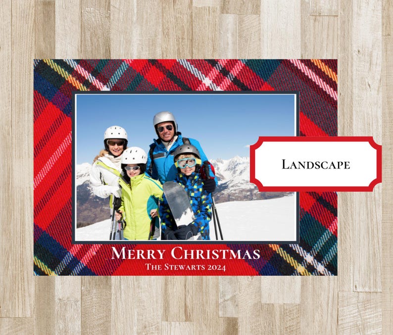 Tartan Plaid Christmas Holiday Card. Photo card. Tartan Plaid - red, green, yellow, blue, white border with photo in the middle. Merry Christmas or Happy Holidays Text with family name. Preppy Xmas Card.  2 sides. portrait or landscape