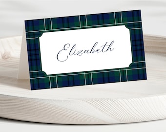Navy Blue & Green Tartan Plaid Christmas Place Cards