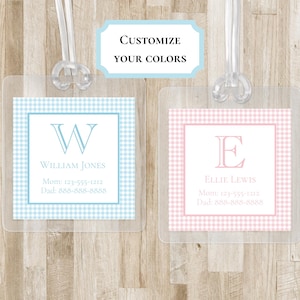 Monogram Gingham Bag Tag for Kids | Kids Backpack Tag | Personalized Laminated Square Luggage Tag | Monogram Tag for Kids Lunch Boxes