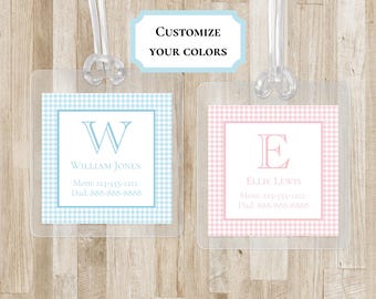 Monogram Gingham Bag Tag for Kids | Kids Backpack Tag | Personalized Laminated Square Luggage Tag | Monogram Tag for Kids Lunch Boxes
