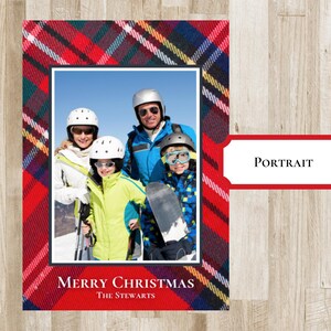 Tartan Plaid Christmas Holiday Card. Photo card. Tartan Plaid - red, green, yellow, blue, white border with photo in the middle. Merry Christmas or Happy Holidays Text with family name. Preppy Xmas Card.  2 sides. portrait or landscape