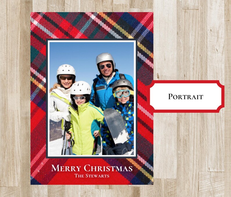 Tartan Plaid Christmas Holiday Card. Photo card. Tartan Plaid - red, green, yellow, blue, white border with photo in the middle. Merry Christmas or Happy Holidays Text with family name. Preppy Xmas Card.  2 sides. portrait or landscape
