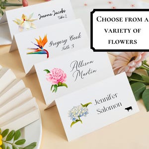 Cartões de lugar florais | Cartões de lugar elegantes para casamento | Cartões de lugar para mesa de jantar | Hortênsia, peônia, magnólia, ave-do-paraíso, etc.