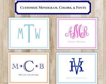Folded Monogram Notecards | Custom Bordered Stationery | Personalized Monogram Initials Stationary | Elegant Stationery Set