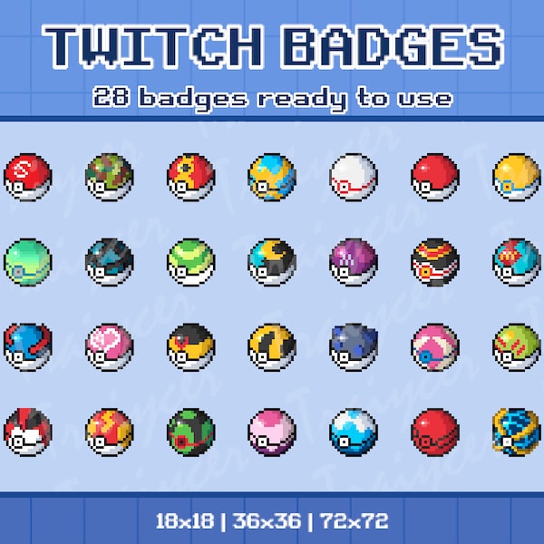 28x Pokeball Pixel Sub Badges / Bit Badges - Twitch | Pokemon | 8 bit