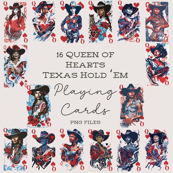 Black Cowgirl Queen of Hearts Texas Hold Em PNG Playing Cards | 16 Images | This Ain't Texas, Cowgirl Gift, Clipart, Wall Art