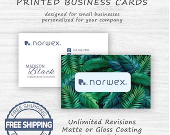 May include: Custom printed business cards with a tropical leaf design. The text on the card reads "norwex" and "Madison Black, Independent Consultant". The card also includes a phone number and the text "Unlimited Revisions, Matte or Gloss Coating, Custom Colors, Custom Fonts".