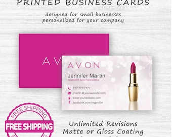 May include: Pink and white business card with the text "AVON" and "Jennifer Martin, Independent Sales Representative". The card also includes a phone number, email address, website address, and Facebook profile link. The card is surrounded by a white background with a pink lipstick and glitter.