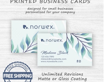 May include: Custom printed business cards with a blue and green watercolor leaf design. The text on the card reads "norwex." and "Madison Black". The card also includes a phone number, email address, and website address. The text "Unlimited Revisions, Matte or Gloss Coating, Custom Colors, Custom Fonts" is displayed below the card.