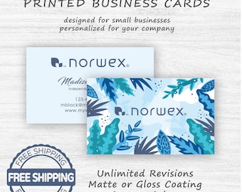 May include: Custom personalized printed business cards with the Norwex logo. One card features a blue floral design, the other has contact information. The image also includes a "Free Shipping" stamp and text about customization options.
