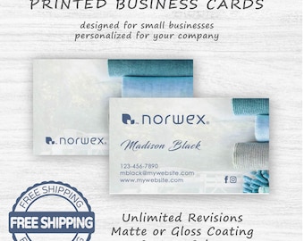 May include: Custom printed business cards with a blue and white design. The card features the text "norwex" and "Madison Black" along with contact information. The text "Unlimited Revisions, Matte or Gloss Coating, Custom Colors, Custom Fonts" is also included.