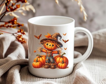 Caneca de Halloween com espantalho, caneca de cerâmica para crianças, estilo "doces ou travessuras", para amantes de café, caneca festiva de outono